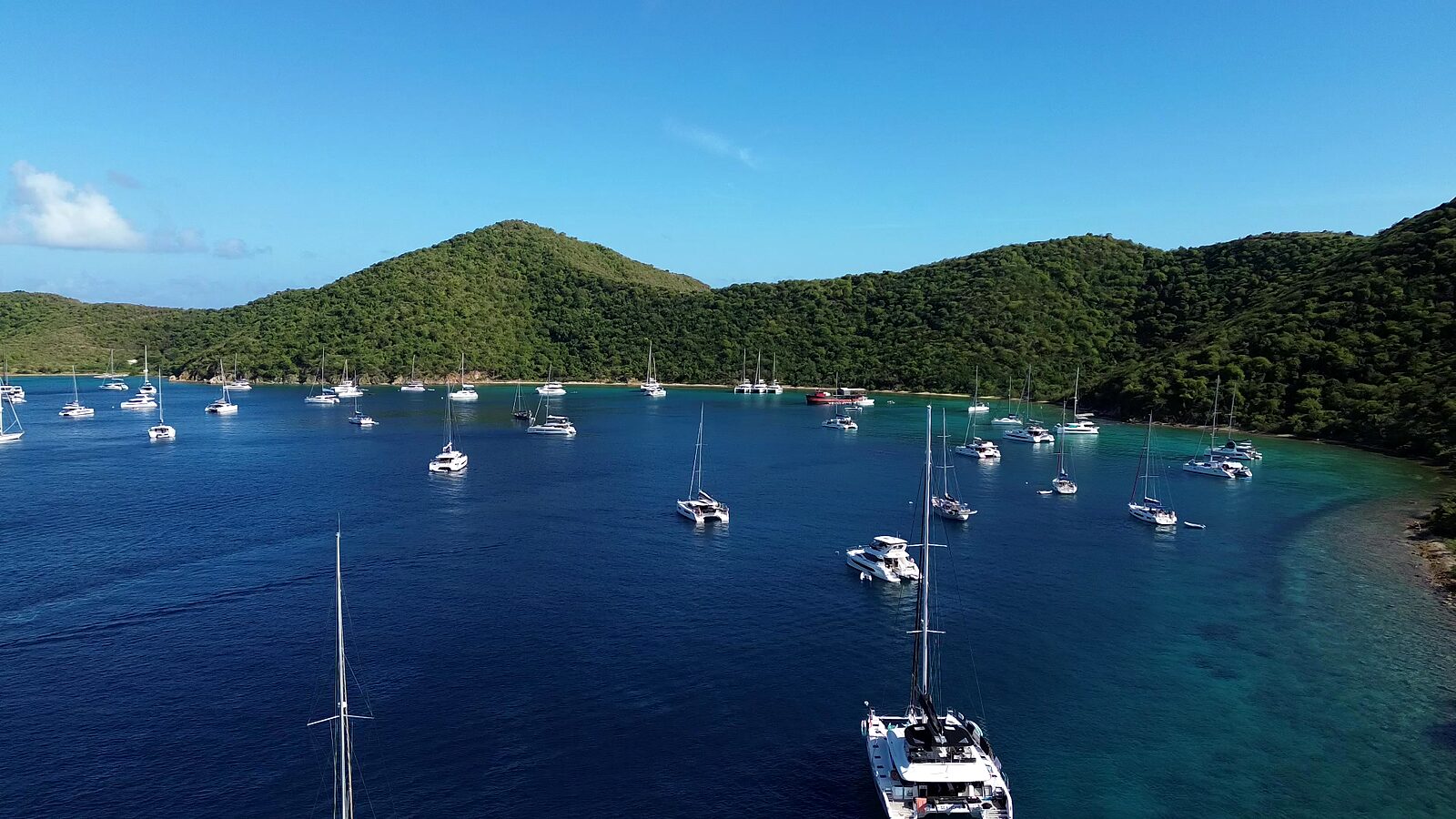 Charter catamarans and monohulls on moorings in the clear water of The Bight, Norman Island
