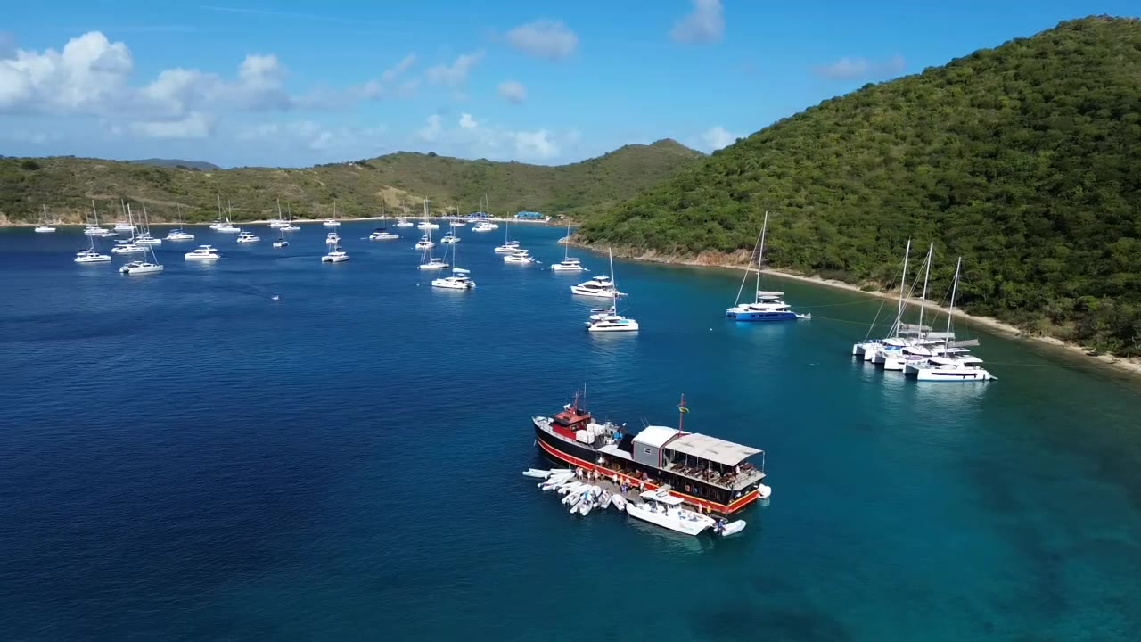 The mooring field in The Bight at Norman Island, full of charter yachts, with the Willy T floating bar in the foreground